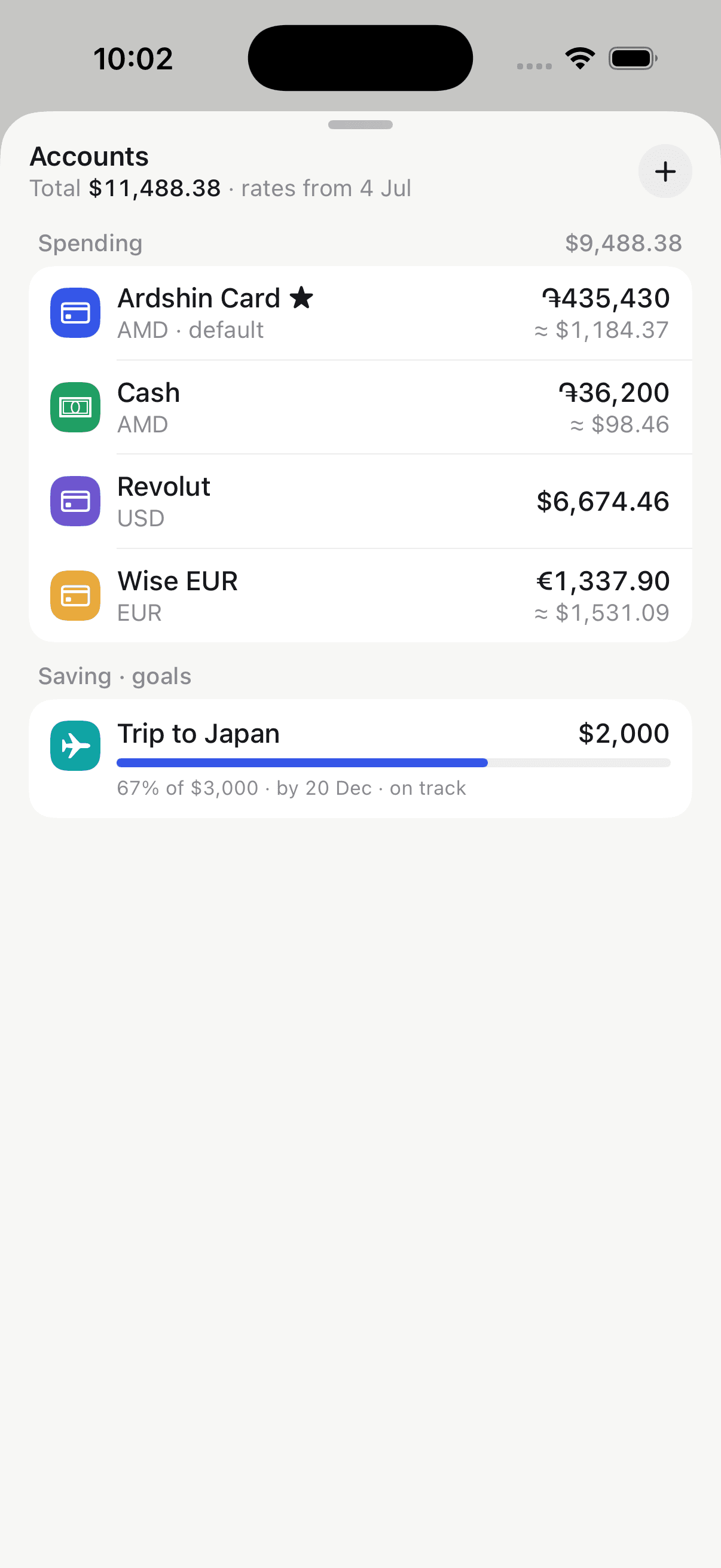 Obolos accounts screen: accounts in several currencies and a savings goal