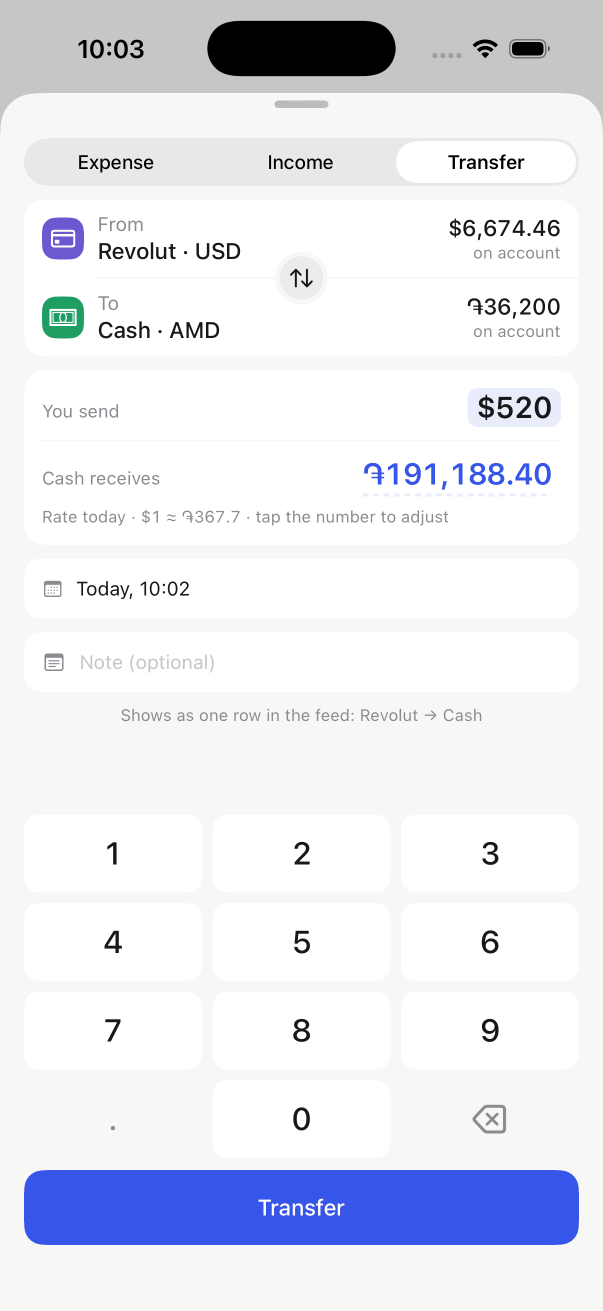Obolos transfer screen: sending USD and receiving AMD with a real exchange rate